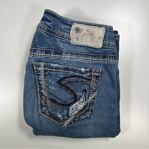 Silver Jeans Women’s 27x32 Suki Mid Slim Boot Distressed Stretch Denim